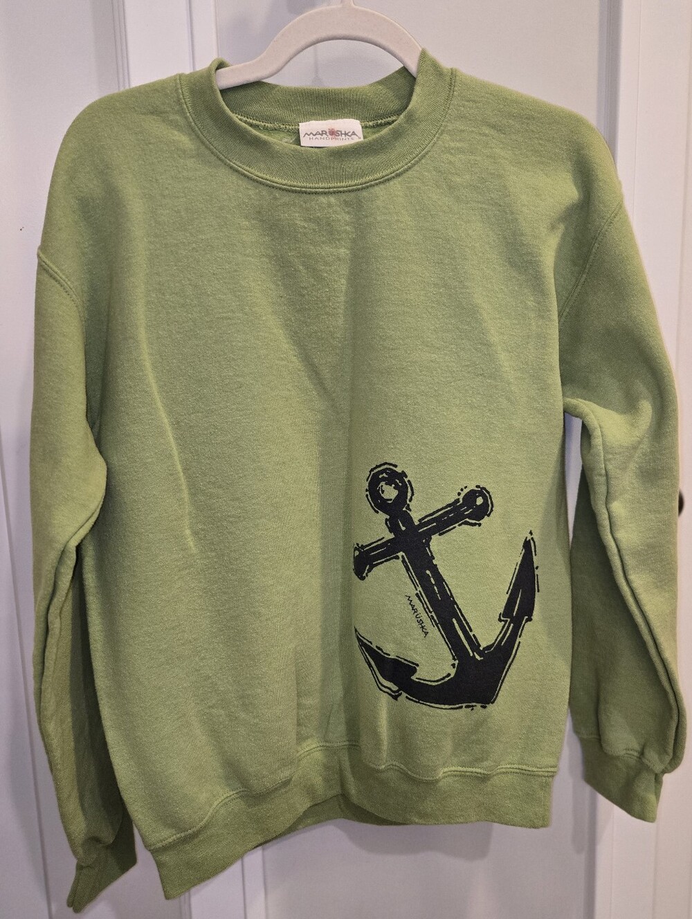 Marushka Handprints Anchor Sweatshirt Small Green Hand Printed USA